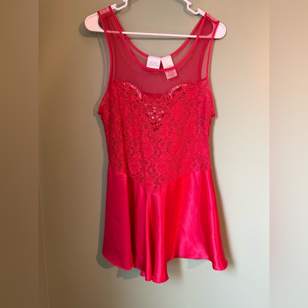 Vintage Secret Treasures Red Sexy See Thru Lace Sequin Slip Dress Chemise XL